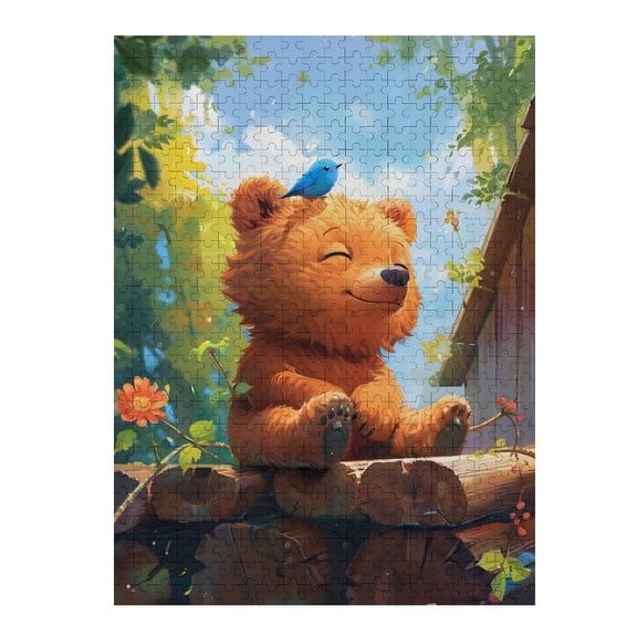Jigsaw Puzzles - Orange Bear Sitting on Logs, with A Blue Bird on Its Head, in A Bright, Leafy Setting500 PCSChallenging Puzzle Perfect for Game Nights