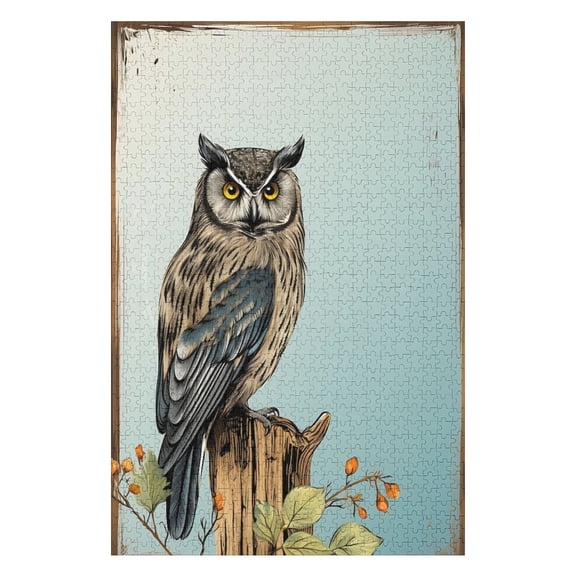 Jigsaw Puzzles - Owl Perched on A Wooden Stump with Foliage, Set Against A Light Blue Background1000 PCSChallenging Puzzle Perfect for Game Nights
