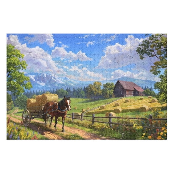 Jigsaw Puzzles - A Pastoral Scene with A Horse - Drawn Cart, Hay Bales, A House And Mountains in The Distance1000 PCSChallenging Puzzle Perfect for Game Nights