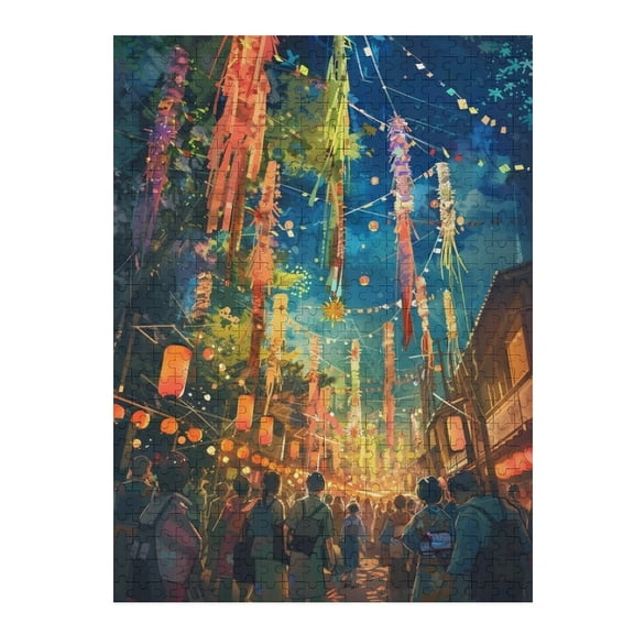 Jigsaw Puzzles - People Enjoying A Night Festival with Colorful Lanterns And Streamers500 PCSChallenging Puzzle Perfect for Game Nights