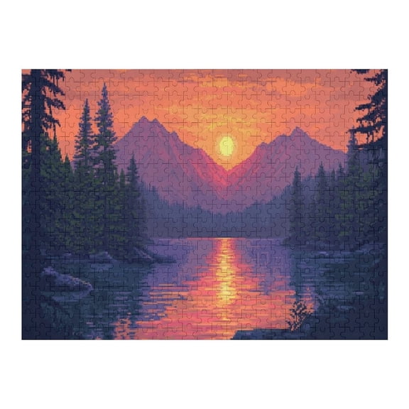 Jigsaw Puzzles - Pixel - Art Depiction of A Serene Lake Surrounded by Mountains at Sunset500 PCSChallenging Puzzle Perfect for Game Nights