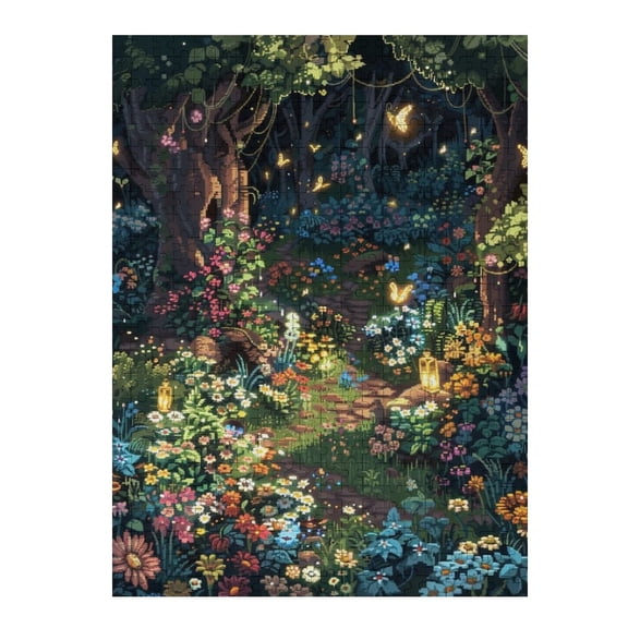 Jigsaw Puzzles - A Pixel - Art Nighttime Forest Scene with Glowing Flowers, Lanterns, And Butterflies500 PCSChallenging Puzzle Perfect for Game Nights
