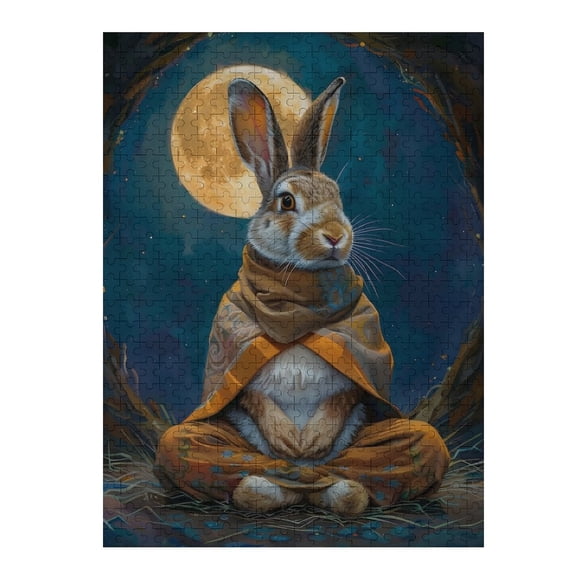 Jigsaw Puzzles - Rabbit in A Robe Meditating Under A Full Moon in A Nighttime Forest Setting500 PCS，Challenging Puzzle Perfect for Game Nights