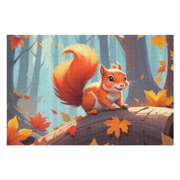 Jigsaw Puzzles - A Red Squirrel with A Bushy Tail on A Log in An Autumn Forest Filled with Falling Leaves1000 PCSChallenging Puzzle Perfect for Game Nights