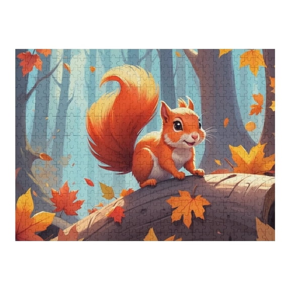 Jigsaw Puzzles - A Red Squirrel with A Bushy Tail on A Log in An Autumn Forest Filled with Falling Leaves500 PCSChallenging Puzzle Perfect for Game Nights