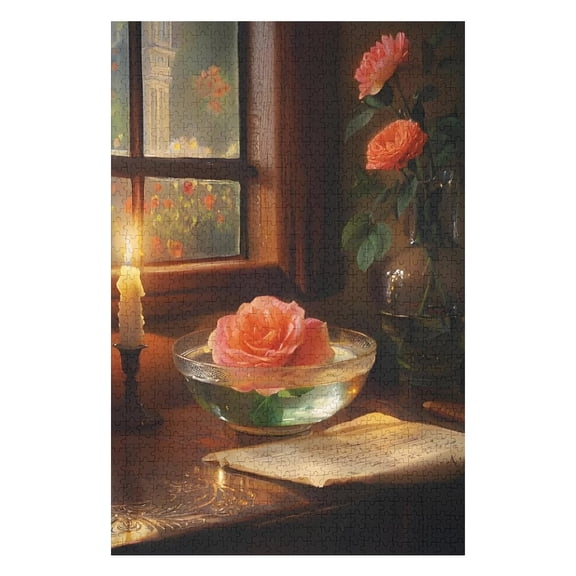 Jigsaw Puzzles - Rose Floating in A Bowl of Water on A Wooden Table, with A Candle And A Window in The Background1000 PCSChallenging Puzzle Perfect for Game Nights