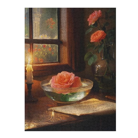 Jigsaw Puzzles - Rose Floating in A Bowl of Water on A Wooden Table, with A Candle And A Window in The Background500 PCSChallenging Puzzle Perfect for Game Nights