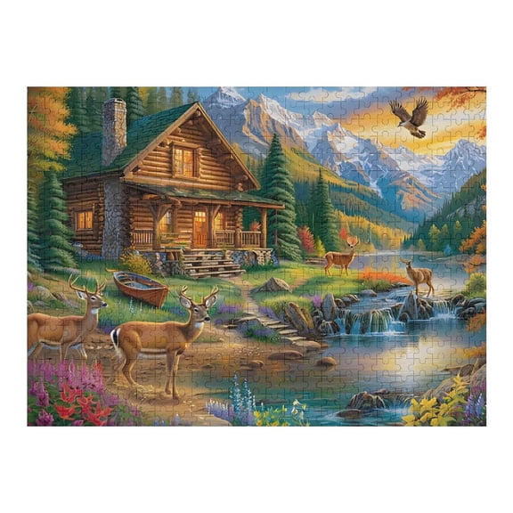 Jigsaw Puzzles - Rustic Log Cabin in A Mountainous, Forested Area with Wildlife500 PCSChallenging Puzzle Perfect for Game Nights