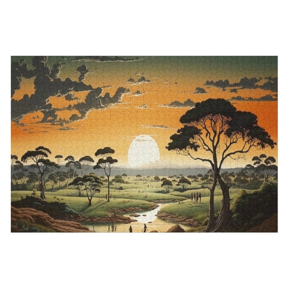 Jigsaw Puzzles - A Savanna Landscape at Sunset with Scattered Trees, A River And People in The Distance1000 PCSChallenging Puzzle Perfect for Game Nights