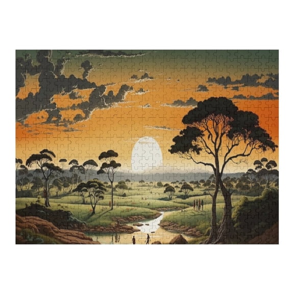 Jigsaw Puzzles - A Savanna Landscape at Sunset with Scattered Trees, A River And People in The Distance500 PCSChallenging Puzzle Perfect for Game Nights
