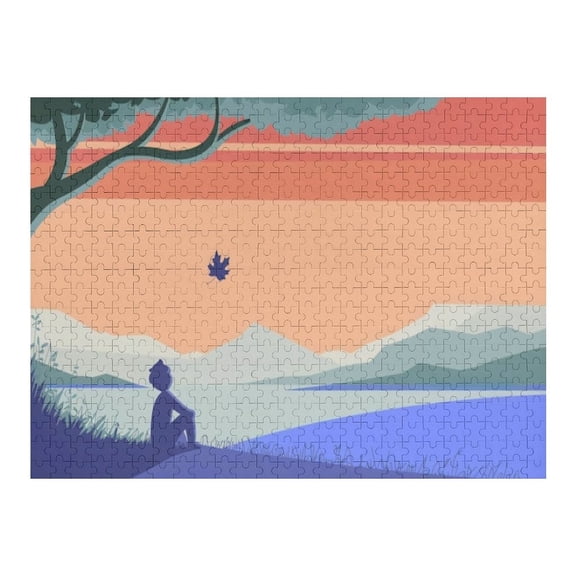 Jigsaw Puzzles - Solitary Figure Sitting by A Lake, Gazing at A Falling Maple Leaf during Sunset500 PCS，Challenging Puzzle Perfect for Game Nights