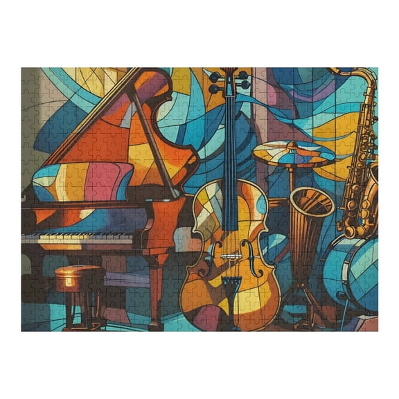 Jigsaw Puzzles - Stained - Glass - Style Artwork of Musical Instruments Including A Piano, Cello And Saxophone500 PCSChallenging Puzzle Perfect for Game Nights