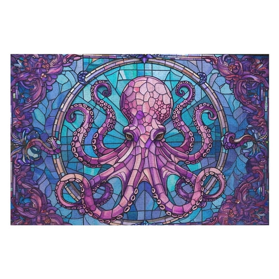 Jigsaw Puzzles - Stained - Glass - Style Purple Octopus with Intricate Patterns1000 PCS，Challenging Puzzle Perfect for Game Nights