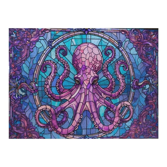 Jigsaw Puzzles - Stained - Glass - Style Purple Octopus with Intricate Patterns500 PCS，Challenging Puzzle Perfect for Game Nights