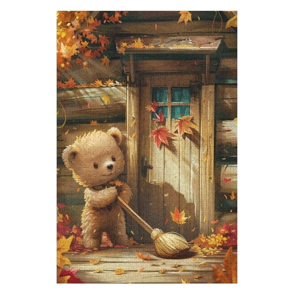 Jigsaw Puzzles - Teddy Bear Sweeping Autumn Leaves in Front of A Rustic Wooden Door1000 PCSChallenging Puzzle Perfect for Game Nights