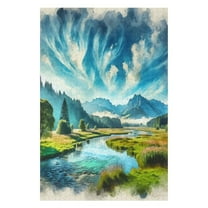 Jigsaw Puzzles Tranquil River & Lush Meadow Watercolor Landscape Wooden Puzzle For Adults 1000 Pieces Challenging Game Toys Family Decoration Gift For Women Men 29.5x19.7 Inch