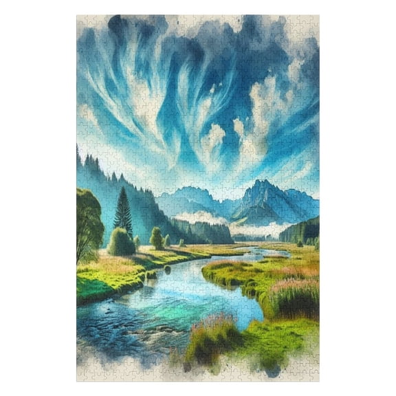 Jigsaw Puzzles Tranquil River & Lush Meadow Watercolor Landscape Wooden Puzzle For Adults 1000 Pieces Challenging Game Toys Family Decoration Gift For Women Men 29.5x19.7 Inch