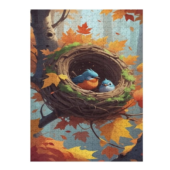 Jigsaw Puzzles - Two Birds, One Blue with An Orange Belly And A Smaller Blue Bird, in A Nest in An Autumn Forest500 PCS，Challenging Puzzle Perfect for Game Nights