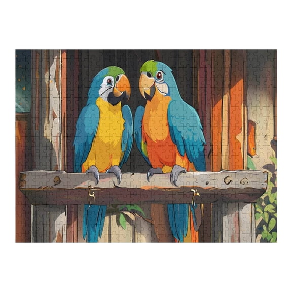 Jigsaw Puzzles - Two Colorful Parrots Perched on A Wooden Beam, in A Rustic Setting500 PCS，Challenging Puzzle Perfect for Game Nights