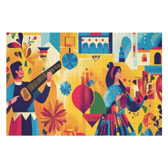 Jigsaw Puzzles - Two People in Traditional Attire Playing Musical Instruments in A Colorful, Patterned Setting1000 PCS，Challenging Puzzle Perfect for Game Nights