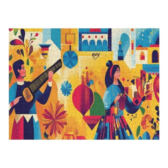 Jigsaw Puzzles - Two People in Traditional Attire Playing Musical Instruments in A Colorful, Patterned Setting500 PCS，Challenging Puzzle Perfect for Game Nights