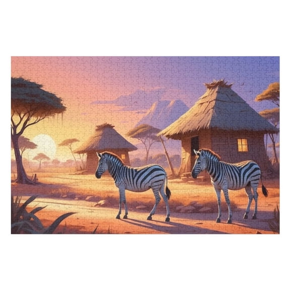 Jigsaw Puzzles - Two Zebras in A Savanna at Sunset, with Thatched Huts And Mountains in The Background1000 PCSChallenging Puzzle Perfect for Game Nights