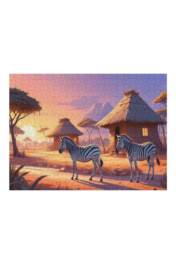 Jigsaw Puzzles - Two Zebras in A Savanna at Sunset, with Thatched Huts And Mountains in The Background500 PCSChallenging Puzzle Perfect for Game Nights