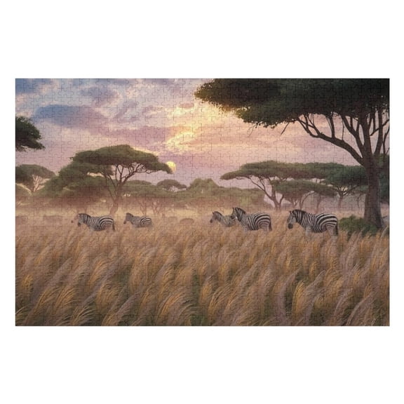 Jigsaw Puzzles - Zebras in A Savanna at Sunset, Surrounded by Tall Grass And Scattered Trees1000 PCSChallenging Puzzle Perfect for Game Nights