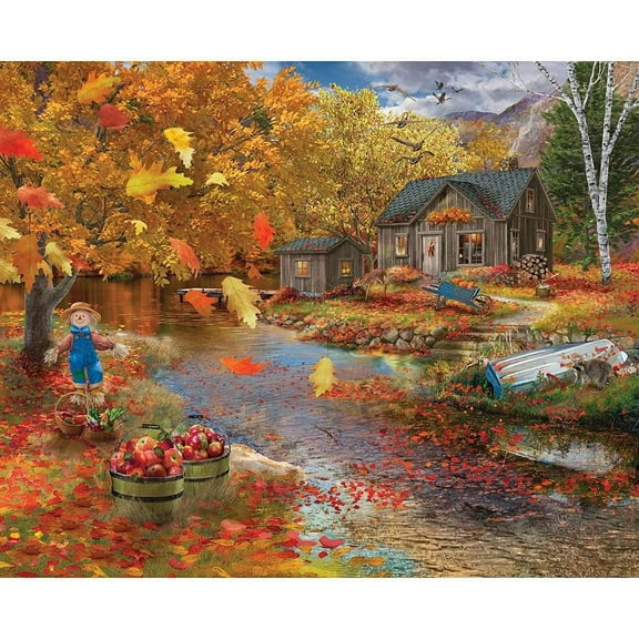 Jigsaw Wooden puzzle 300 pieces Jigsaw Puzzle for Adults – Autumn Cabin - Fall Forest Lake Tree Leaves Scarecrow Rustic Jigsaw Puzzle by Artist Bigelow Illustrations Completed Puzzle