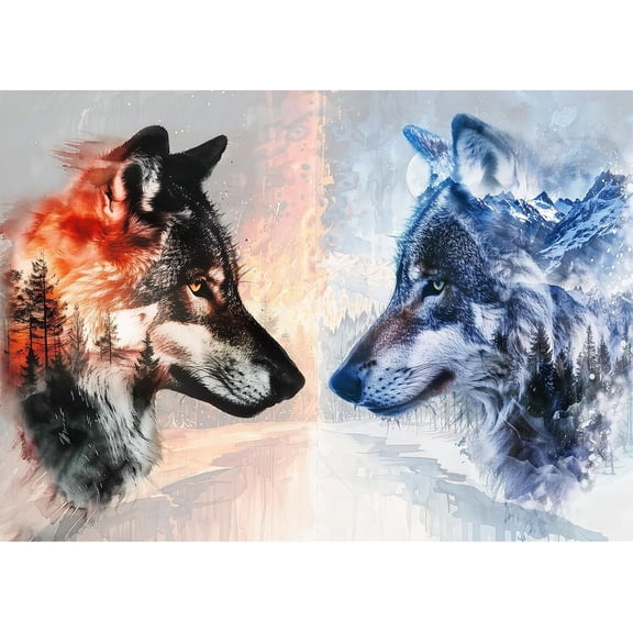 Jigsaw Wooden puzzle 300 pieces Puzzle- Ice VS Fire -Fantasy Double Exposure Wolf Puzzle Nature Animals Puzzle Impossible Hard Puzzle for Adults