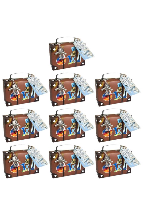 10 Set Mini Suitcase Favor Boxes Party Candy Box with Earth Airplane Keychains and Travel Ticket for Wedding Party
