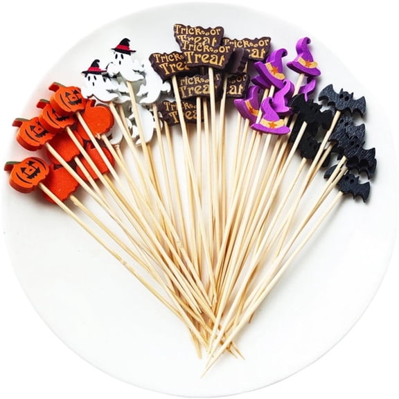 Jiibva 100Pcs Halloween Cocktail Sticks Wooden Fruit Picks Halloween Party Dessert Appetizer Toothpicks Halloween Decoration