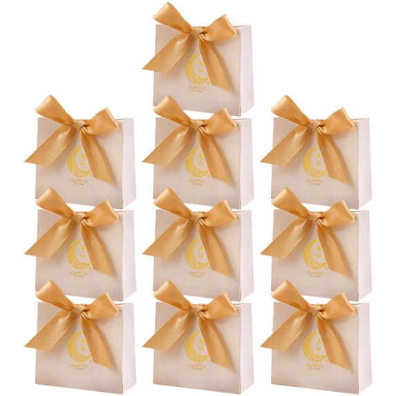 Jiibva 10PCS Eid Gift Bags Ramadan Snack Bags with Gold Ribbon, Reusable Eid Mubarak Bags for Presents Festive Party Wrapping