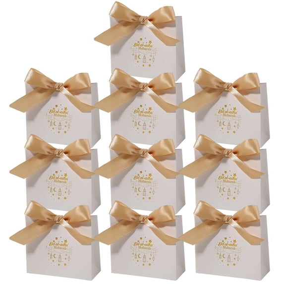 Jiibva 10PCS Eid Gift Bags Ramadan Snack Bags with Gold Ribbon, Reusable Eid Mubarak Bags for Presents Festive Party Wrapping