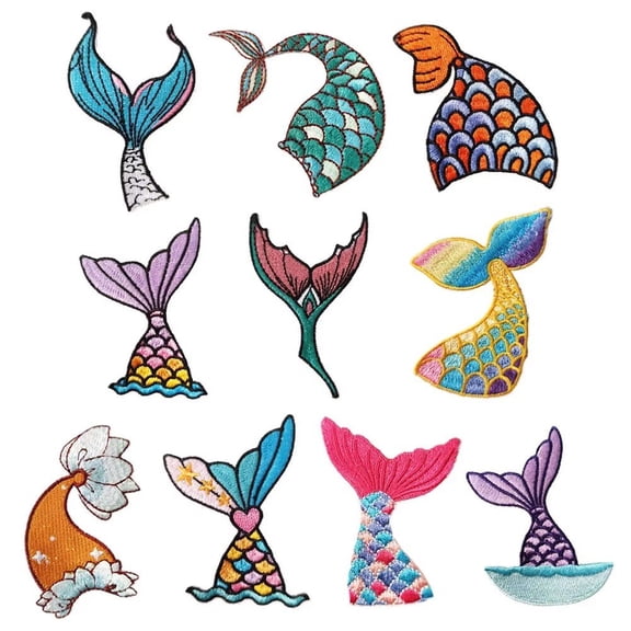 Jiibva 10pcs Iron On Patches Decals Self-Adhesive Cloth Sticker Color Mermaid Tail Embroidery Sticker Cartoon Marine Life Patch Sticker Badge Down Jacket Patch