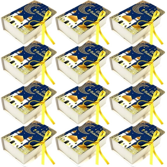 Jiibva 12Pcs Eid Mubarak Boxes, Book Shape Eid Favour Boxes, Small Paper Eid Gift Boxes for Islamic Muslim Eid Mubarak Gifts Candy Chocolate Box Decorations