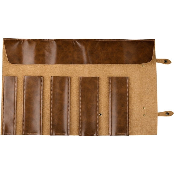 Jiibva 1Pc Brown Microfiber Leather 5 Slots Chef Knife Roll Bag Storage Case for Outdoor Camping Cooking