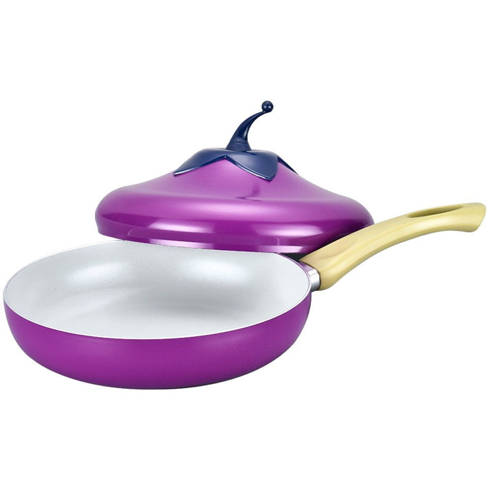 Jiibva 1Pc Purple Eggplant Shape Ceramic Non Stick Skillet Frying Pan with Lid for Home Kitchen