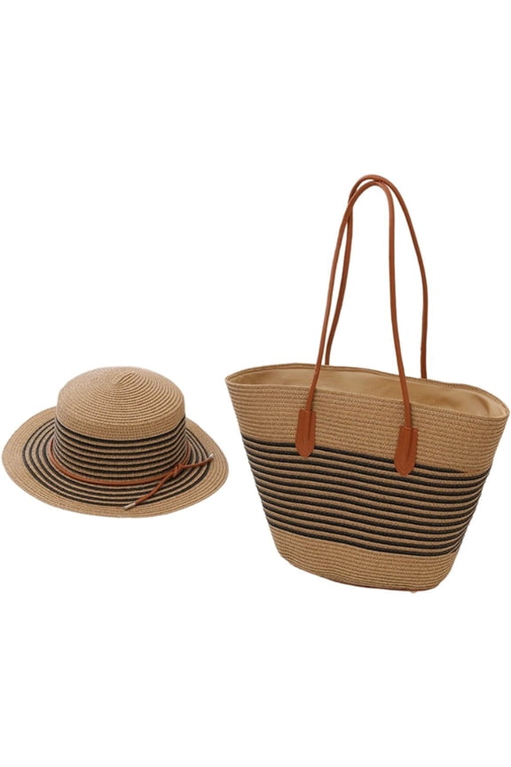 1Set Women's Straw Totes and Hat Set Stylish Striped Large Capacity Shoulder Bag, Summer Beach Sun Cap Tote Bags Set for Travel, Beach and Shopping