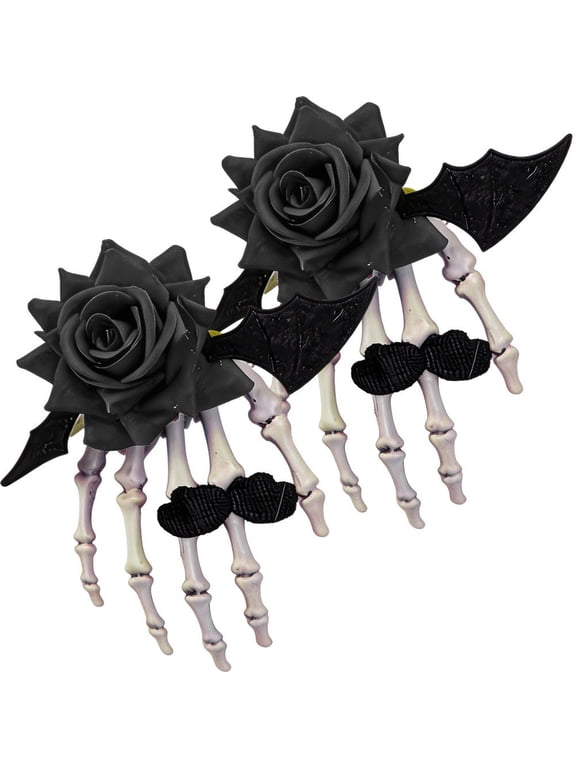 2 Pack Skeleton Hands Hair Clip Bone Claw Barrettes Black Rose Floral