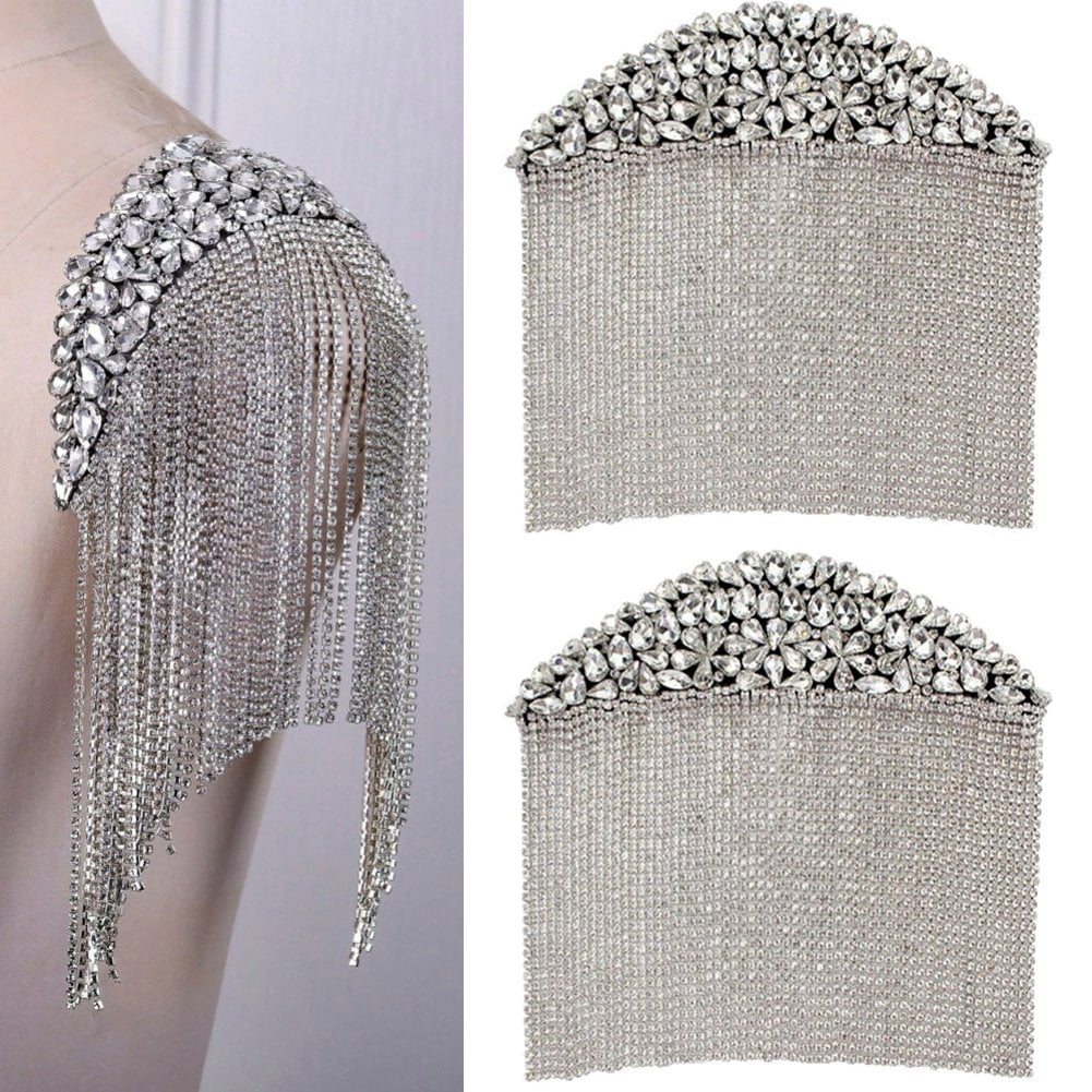 Jiibva 2 Pcs Rhinestone Tassel Shoulder Epaulet Crystal Fringe Chain Shoulder Badge Brooch Pins Appliques Patches for Men Women