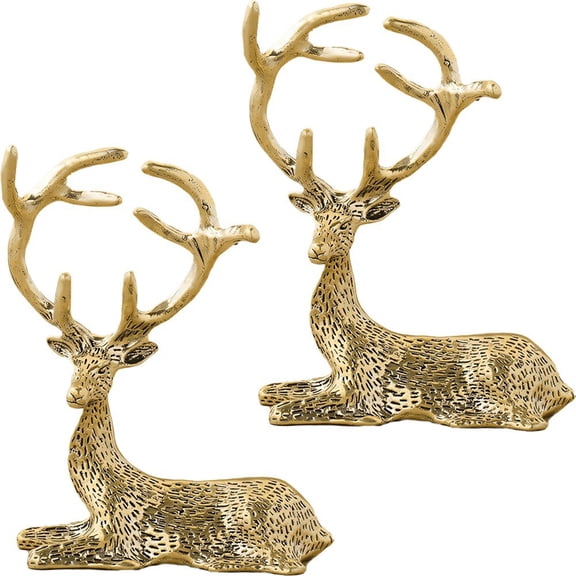 Jiibva 2pcs Copper Sika Deer Elk Small Ornaments Figurines Vintage Brass Animal Figurines for Decorations Accessories Home Decor