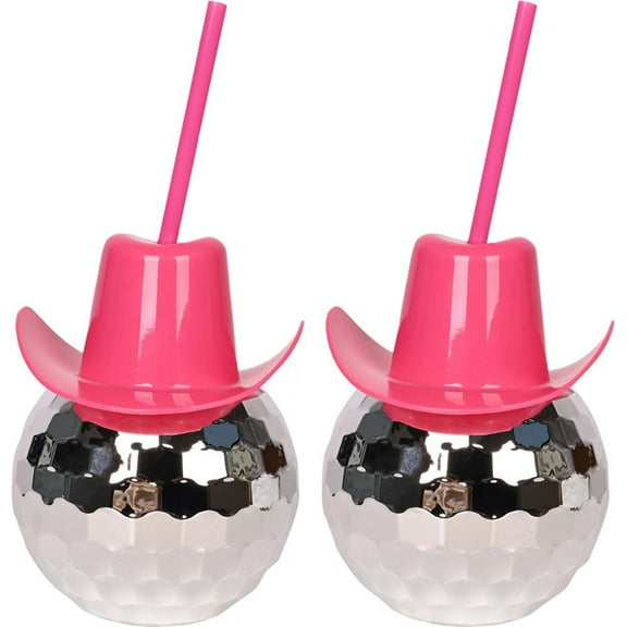 Jiibva 2pcs Disco Ball Cups Cowgirl Hat Cups With Straw Mirror Ball Cups Tumbler Party Supplies Wine Cocktail Glass Drinking