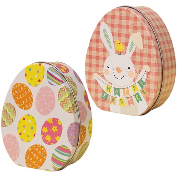 Jiibva 2pcs Easter Bunny Egg Candy Box Metal Easter Gift Boxes Cartoon Rabbit Tinplate Box Cookie Packaging Case Party Decorations
