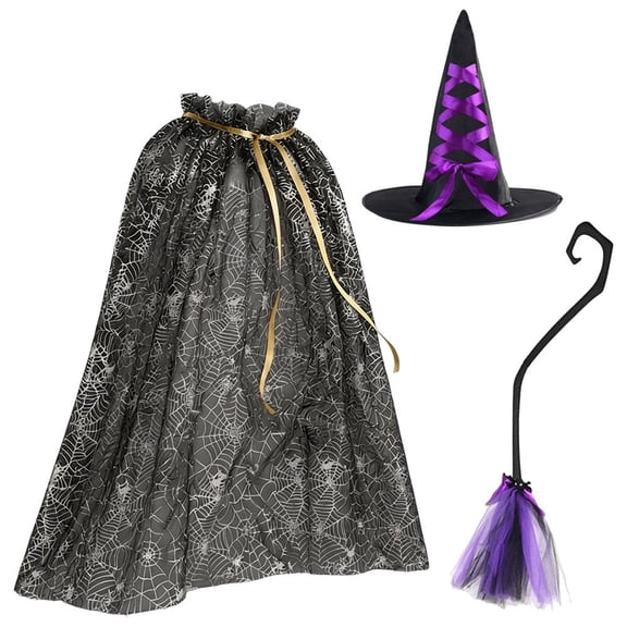 Jiibva 3 Piece Witch Costume Cape Set Spider Web Hat Broom Purple 75x150cm