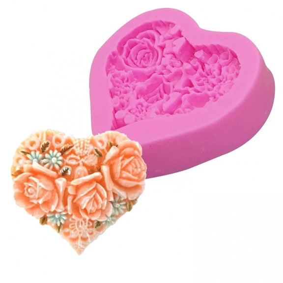Jiibva 3D Rose Flower Bouquet Loving Heart Shape Valentine's Day Gift Present Fondant Cake Mold Silicone Sugar Chocolate D0085