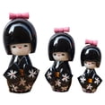 thumbnail image 1 of Jiibva 3Pc Black Kimono Wooden Dolls Decorative Figurine Traditional Asian Geisha Statue for Home Wedding, 1 of 7