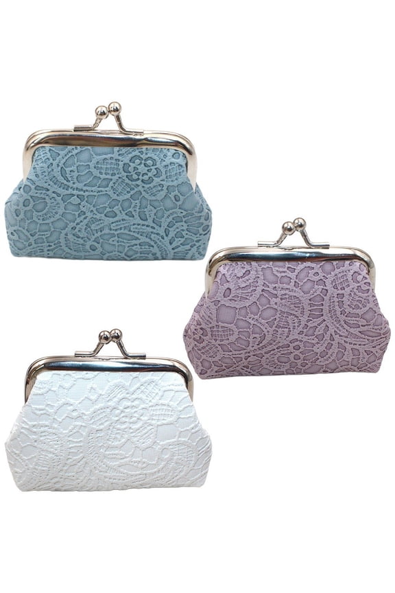 3Pcs PU Coin Purses Kiss Lock Coin Purse Fashion Lace Embossed Coin Holder Mini Coin Bag Lock Change Purse Small Wallet for Women