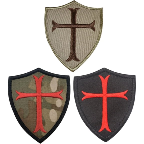 Jiibva 3-Piece Medieval Cross Shield Embroidered Patches, Hook-and-Loop Sew-On Appliqus for Caps and Bags