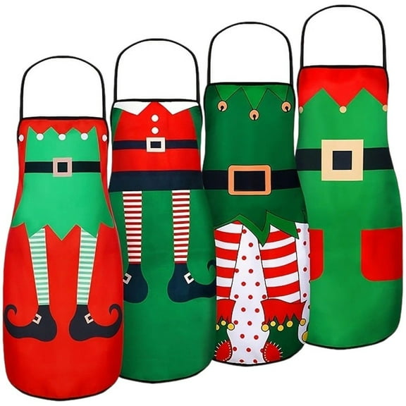 Jiibva 4 Pcs Christmas Aprons, Holiday Kitchen Apron Christmas Elf Apron for Christmas Dinner Party Cooking Baking Crafting House Cleaning